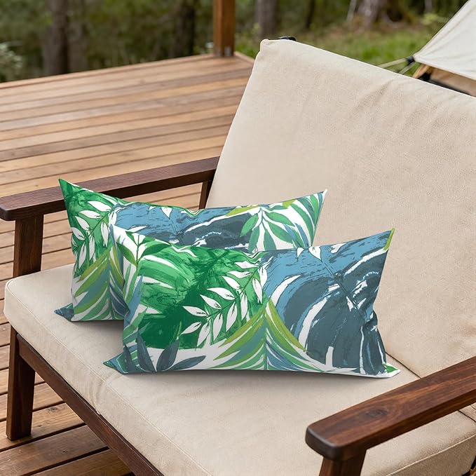 Outdoor Lumbar Pillows, Water Repellent Cushion Pillows 12x20 Inch, Outdoor Pillows with Inserts for Home Garden, Pack of 2, Islamorada Blue Green