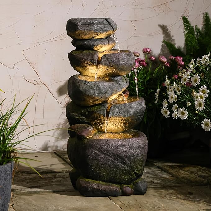 Bumilgar 27.8" H Outdoor Water Fountain with LED Lights, 5-Tier Cascading Stone Waterfall Fountain, Natural Rock Resin Outdoor Water Fountain for Garden Patio Backyard Porch Indoor Decor