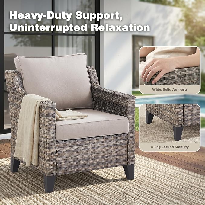 Belord Patio Chairs Set of 2 with 3-Seater Sofa, Outdoor Rattan Chairs for Deck Porch Garden, 5 Piece Patio Conversation Furniture Set,Beige