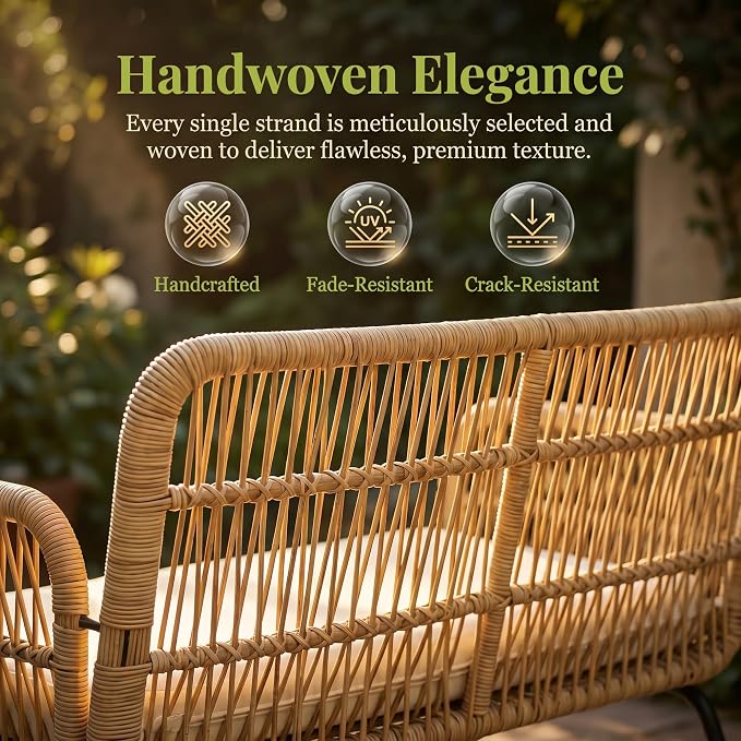 RADIATA 3 Pieces Boho Patio Furniture Set with Comfortable Cushion, Wicker Outdoor Sectional Sofa, L-Shape Lounge Conversation Set for Balcony Porch Backyard Deck, Beige