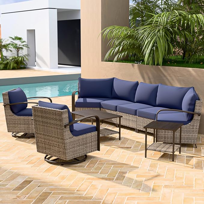 COOS BAY Aurora Terrace 7 Piece Outdoor Sectional Furniture Set, Half Moon Rattan Wicker Conversation Set with Swivel Chairs, 5 Seat Sofa, Coffee & Side Table for Patio Garden Yard, Beige/Blue