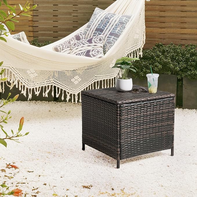 Outdoor PE Wicker Side Table with Storage, Patio Rattan End Table Square Container for Furniture Covers, Toys and Gardening Tools, Brown
