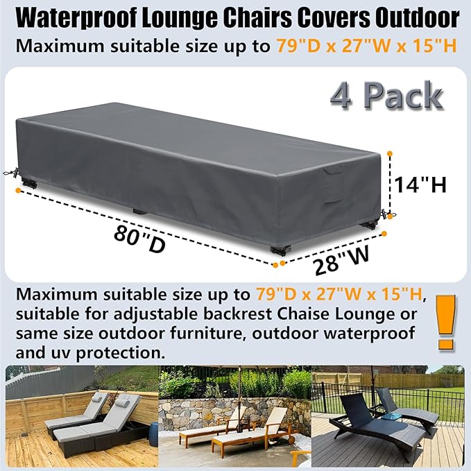 Patio Lounge Chair Covers 4 Pack Waterproof Outdoor chaise lounge cover 80" x 28" x 14" H 600D Weather Resistant Material, UV Protection, Windproof Design Outside Furniture Covers, Grey