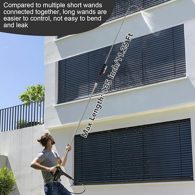 135 Inch(11.25ft) Pressure Washer Extension Wand for Gutter Roof, 6 Pcs Pressure Washer Gutter Cleaner Attachment with 6 Pcs Nozzle Tips, 1/4” Quick Connect Fitting(4000 PSI)