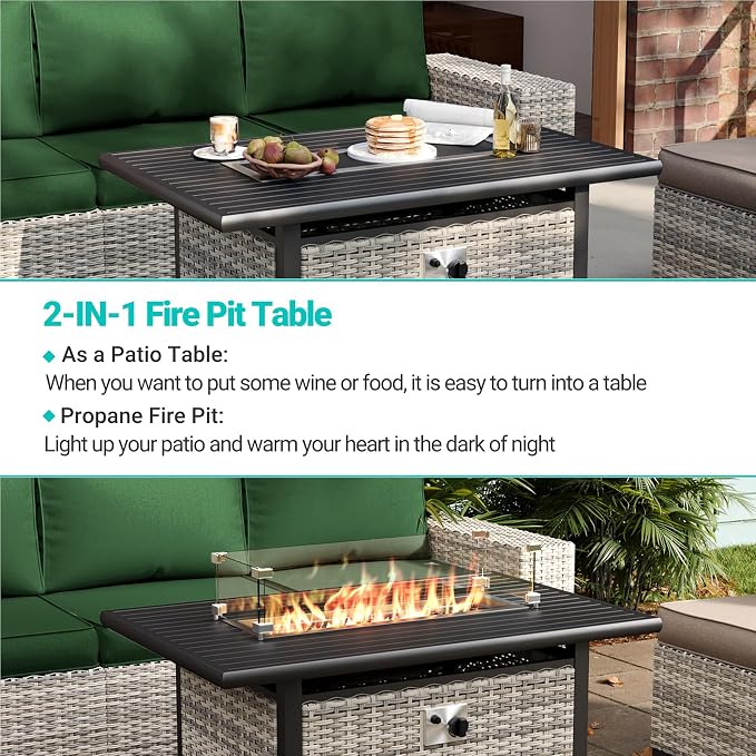 12-Piece Outdoor Patio Furniture Set with Rocking Swivel Chair, PE Wicker Rattan Sectional Sofa 55,000 BTU Fire Pit Table Patio Conversation Set with Ottomans and Chunky Arms, Green