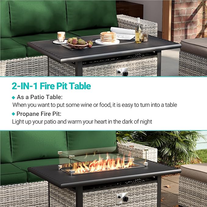 7Pcs Patio Rocking Swivel Chair with 55,000 BTU Fire Pit Table Outdoor Wicker Rattan Bistro Set with Tempered Glass Side Table, Outdoor Patio Furniture Set for Garden and Balcony, Green