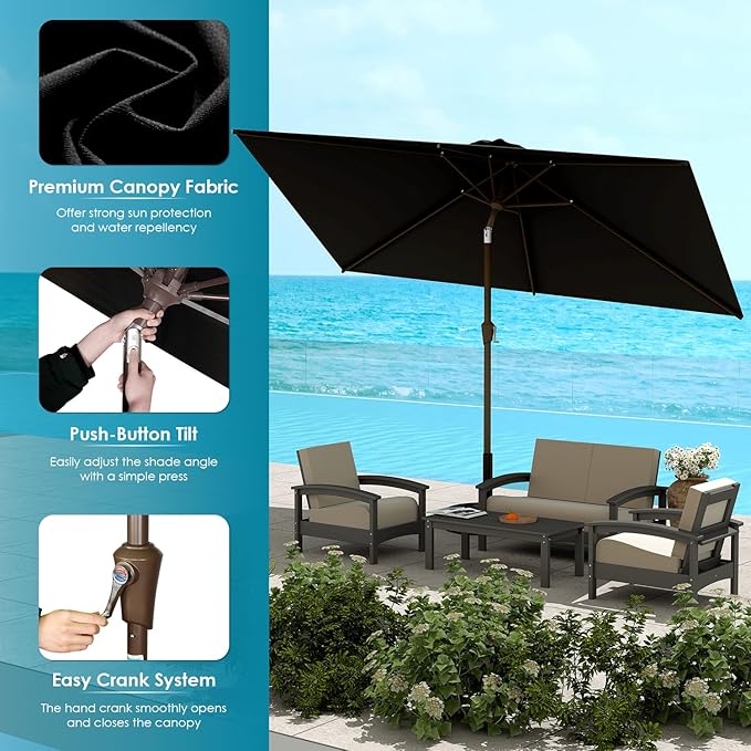 GREENVINES 6.5X10 FT Rectangular-Patio-Umbrella | Outdoor-Table-Umbrellas | 6 Sturdy Steel Ribs | Push Button Tilt & Crank | Waterproof | Market Umbrella | for Pool Backyard Garden Deck | Black