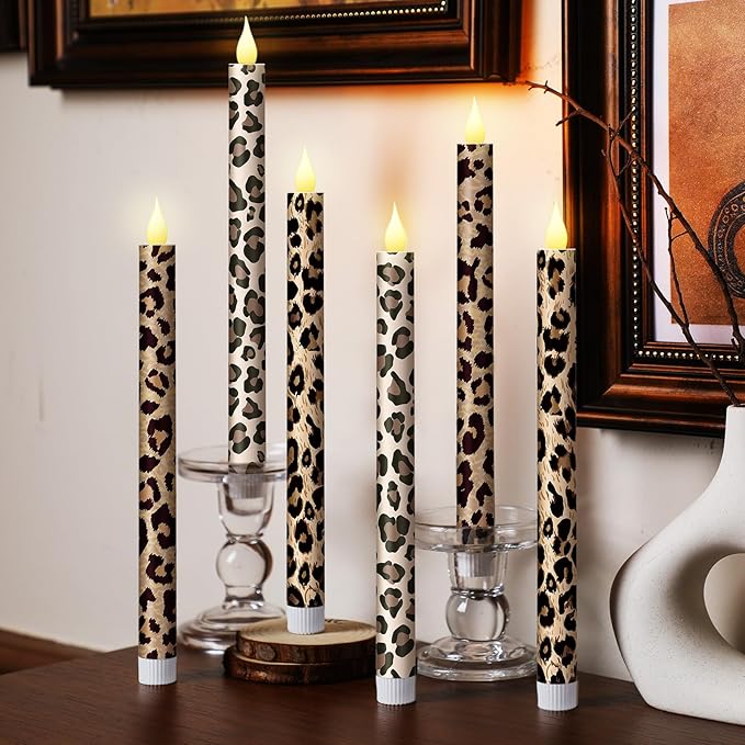 Honoson 6 Pcs Leopard Flameless Taper Candles 10.6 Inch Wild Safari Cheetah Print Candles Battery Operated LED Candlesticks for Animal Theme Jungle Birthday Party Dinner Table Home Bathroom Decor