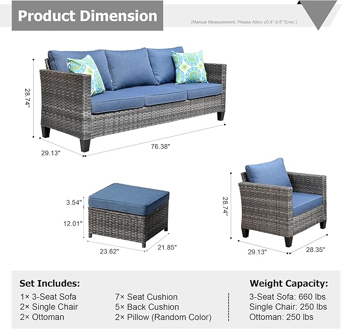 HOOOWOOO Patio Conversation Sets,5 Piece Wicker Outdoor Furniture Set with Ottoman,All Weather Resistant Modern Outside Out Door Rattan Couch Chairs Set,Denim Blue