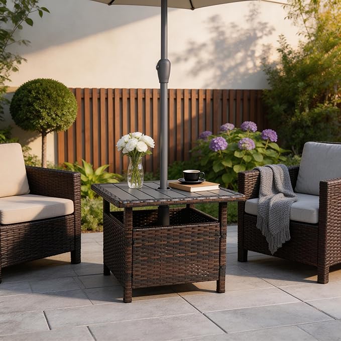 Sundale Outdoor Umbrella Stand with 2 Weight Bags, Patio 22 in Wicker Side Table with Umbrella Hole, All Weather Small Rattan Umbrella Base for Deck Yard Poolside Porch, Brown