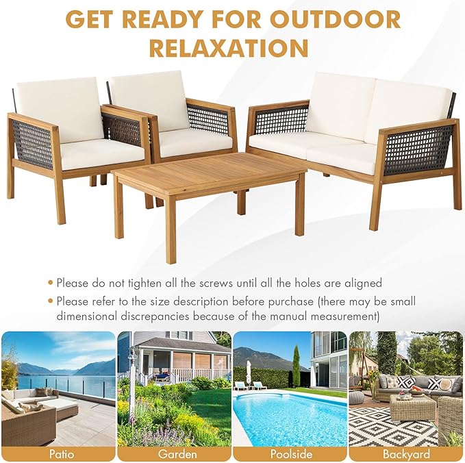 HAPPYGRILL 4 Pieces Patio Conversation Set Acacia Wood Furniture Set with Coffee Table, PE Rattan Wicker Sofa Set with Soft Cushions for Outdoor Garden Deck Poolside