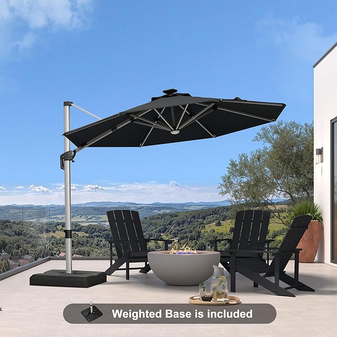 PURPLE LEAF Cantilever Umbrella with base 10ft Outdoor Round Patio Solar Powered LED Umbrella with 360-degree Rotation for Garden Deck Pool Patio, Black