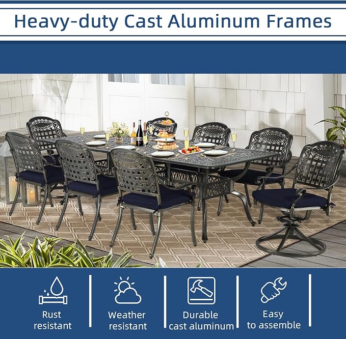9-Piece Patio Cast Aluminum Dining Set, Outdoor Table and Chairs Set for 8, Includes 94.5" Rectangular Dining Table, 6 Stationary, 2 Swivel Dining Chairs with Umbrella Hole, Navy Blue