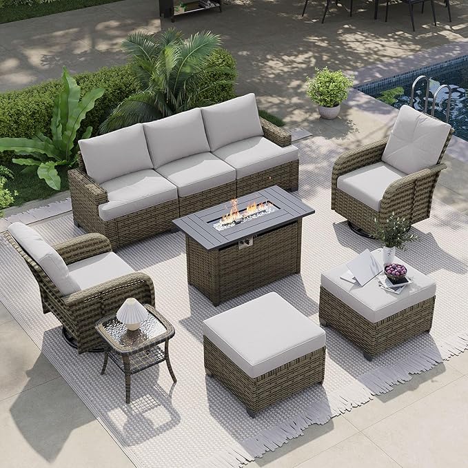 LazySunsets Luxury Patio Furniture Set with Fire Pit Table，All-Weather Patio Sectional Sofas with Thickened Cushions, 9 Piece Outdoor Furniture Sectional Set with Swivel Rocker Chairs of 2，Grey