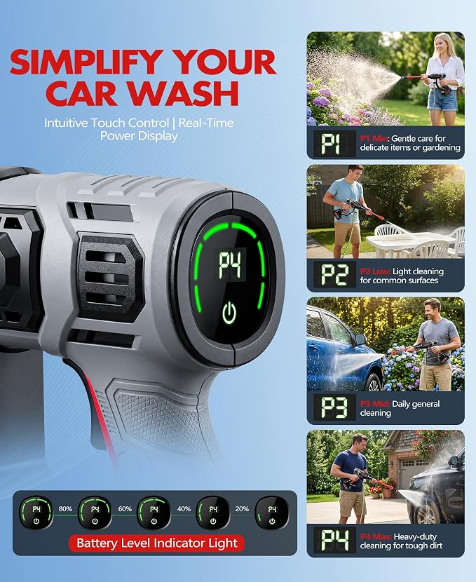 KimPump Cordless Car Washer with 6-in-1 Nozzle, Portable Vehicle Cleaning Tool with Copper Brushless Motor | LCD Touch Panel 4 Adjustable Levels | Weighted Filter | Spray Tool for Car, Garden, Home