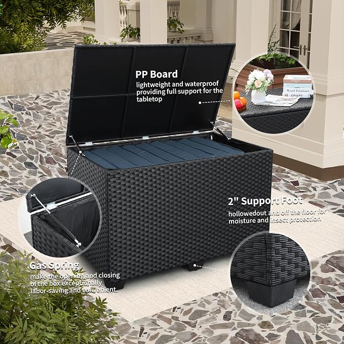 Rattaner Wicker Outdoor Storage Box 140 Gallon Patio Storage Bin with Waterproof Lining Bag Large Deck Box and Cushion Storage Bin Outdoor, Black Wicker