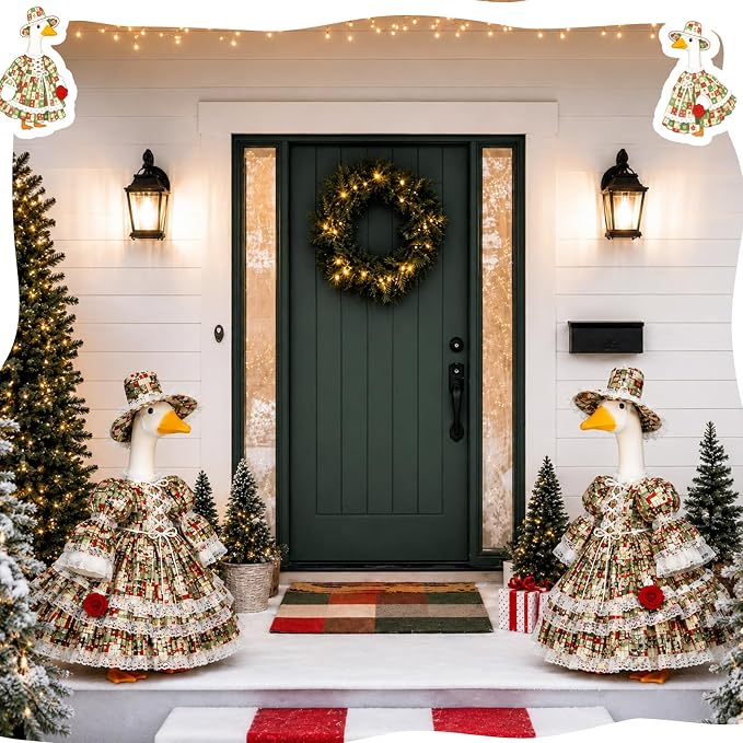 Suzile Christmas Porch Goose Outfit Xmas Present Goose Clothes for 23" High Cement or Plastic Geese Costume for Yard Lawn Outdoor Garden Patio Statue Xmas Duck Dresses Holiday Decor