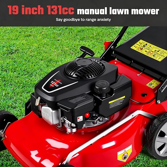 19" 3 in 1 Self Propelled Gas Lawn Mower | 131cc Gas Push Mower with 50L Grass Catcher | 8-Position Height Adjustment | Mulch/Bag/Side Discharge | Big Wheels Red