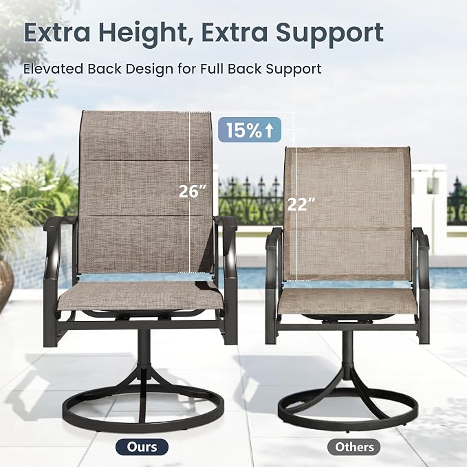 PHI VILLA Outdoor Dining Set for 4, Round Patio Table & Swivel Chairs | Padded Textilene, High back & Ergonomic, Metal table, Umbrella hole, Weather resistant, Heavy-duty, Patio backyard deck