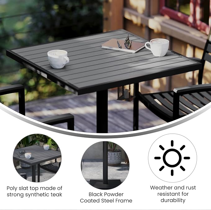 Flash Furniture Lark Commercial Outdoor Patio Bistro Dining Table - Faux Gray Wash Teak Poly Slats - 30" Square