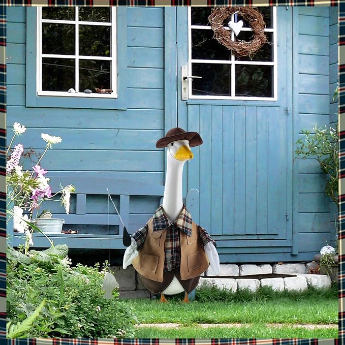 Fishing Porch Goose Outfits for 23 Inch Lawn Statue | Fisherman Costume for Plastic/Cement Statue, Duck Sculpture Clothes for Spring Summer Yard Patio Party Decoration