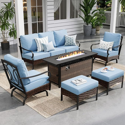 Sophia & William Patio Furniture Set with 56" Fire Pit Table, Metal Outdoor Conversation Set Patio Sectional with 3-Seater Sofas, 2 Rocking Chairs, 2 Ottomans, 1 Firepit Table for Porch Deck, Blue