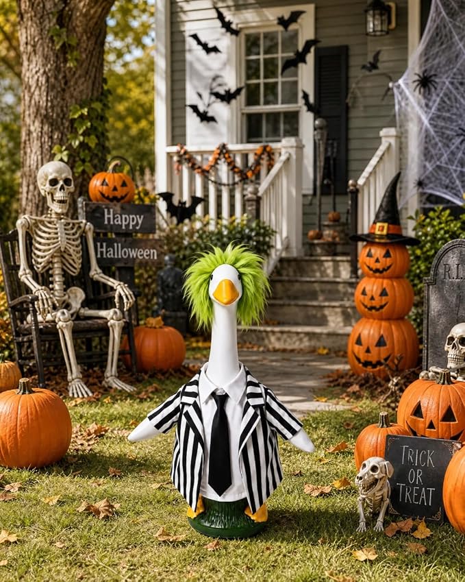 Halloween Porch Goose Outfits, Spooky Striped Suit Fits 23" Lawn Statue | Funny goose clothes costume with green wig. Spooky fall yard decor accessories, thoughtful gift for mom & grandma.