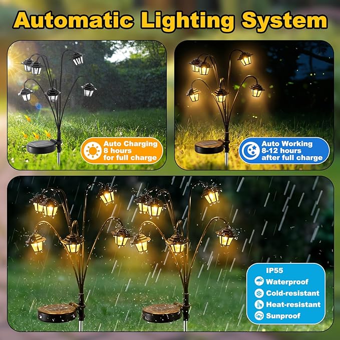 4 Pack Solar Hexagon Lights Outdoor Garden, 6 Head Solar Swaying Pathway Stake Lights with 8 Modes Changing Colors Waterproof for Yard Lawn Patio Landscape Decor