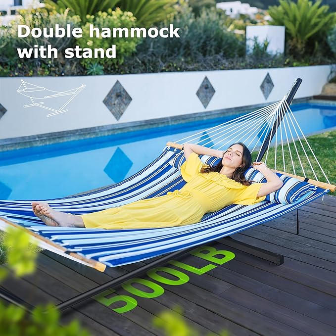 Double Hammock with Stand, Heavy Duty Outdoor Hammock for Two, 500 LBS Capacity, Stable Steel Frame with Balance Strap, Easy Tool-Free Assembly for Patio, Garden, Backyard & Beach,Blue