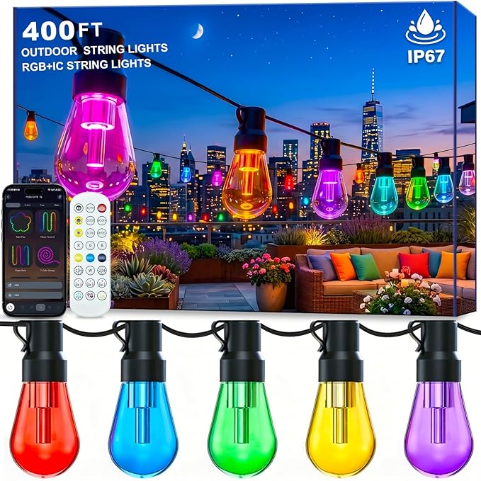 400FT RGB+IC Outdoor String Lights, IP67 Waterproof Dimmable Shatterproof Patio Bulbs with Chasing DreamColor Effect, Smart Decorative String Lights for Backyard, Garden, Balcony & Outdoor Areas