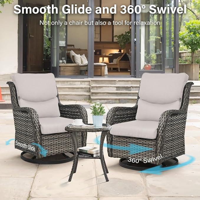 Outdoor Swivel Rocker Patio Chairs with 5" Thick Cushion - 3 Piece Wicker Bistro Set with Side Table, High Back Comfty Outdoor Glider Chairs for Balcony, Porch, Deck, Poolside - Gray/Beige