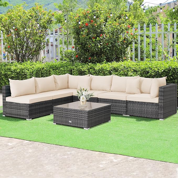 Tangkula 7 Piece Patio Wicker Furniture Set, Outdoor Rattan Sectional Sofa Set for 6 with Seat & Back Cushions, 2 Throw Pillows, Sofa Fastener Clips, for Backyard, Poolside, Deck and Garden (Beige)