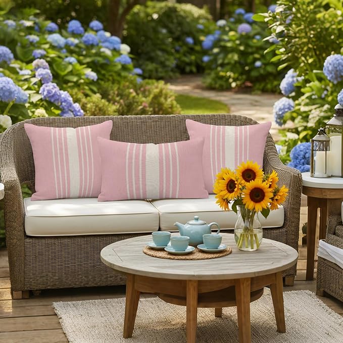 Pink Beige Striped Outdoor Pillow Covers 20x12 Inch Lumbar Pillow Covers Set of 2 Waterproof Decorative Throw Pillow Cases Modern Farmhouse Retro Lines Cushion Covers for Patio Furniture Garden Couch