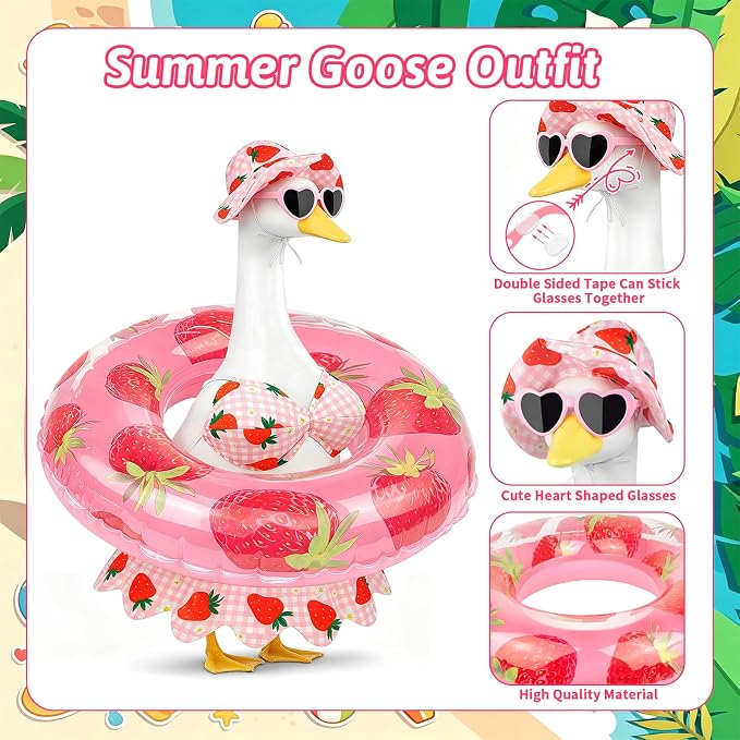 Hawaiian Porch Goose Outfits Summer Bikini Goose Outfit Fits 17 23 Inch | Strawberry Goose Costume with Sunglasses & Wreath for Cement Yard Plastic Statues, Outdoor Garden Patio Decor
