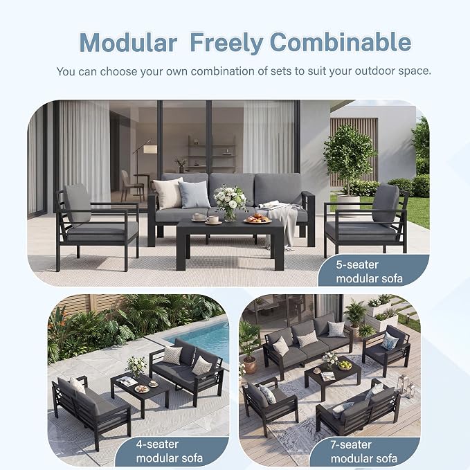 Aluminum Patio Furniture Set, 3 PCS Metal Oversized Outdoor Furniture Set Washable Thick Cushions, 4 Seat Patio Conversation Set with 3.54” Wide armrest and Coffee Table for Patio, Garden