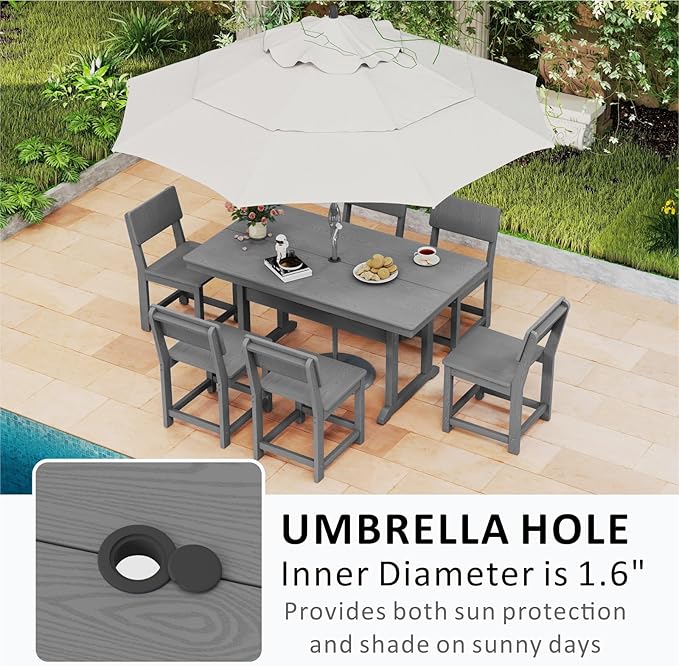 7-Piece HDPE Outdoor Patio Dining Set,Modern Plastic Dining Sets，Patio Table and Chairs Set with Umbrella Hole Cut-Out Table and 6 Chairs Gray