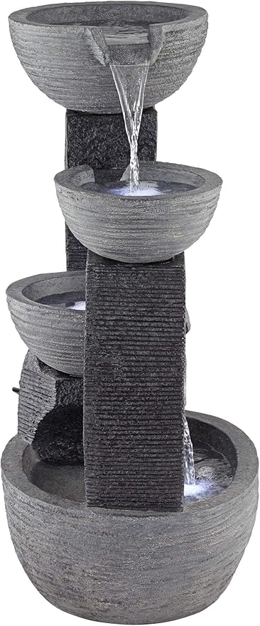 Three Cup 31 1/2" High Large Modern Indoor Outdoor Decor Gray Faux Stone Floor Fountain with Light LED Waterfall Cascading Water Feature for Outside Garden Patio Yard Backyard - John Timberland