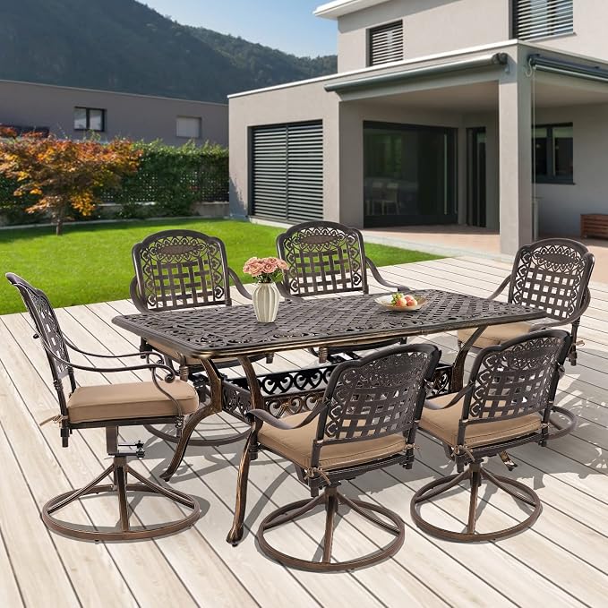 TITIMO 7-Piece Cast Aluminum Patio Dining Set, Outdoor Dining Furniture Patio Conversation Set, Rectangular Table w/Umbrella Hole for Backyard Deck Poolside (Khaki-Swivel Grid Chair, 7 Pcs)