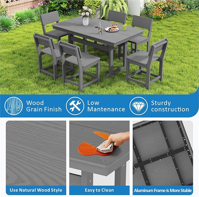 7-Piece HDPE Outdoor Patio Dining Set,Modern Plastic Dining Sets，Patio Table and Chairs Set with Umbrella Hole Cut-Out Table and 6 Chairs Gray