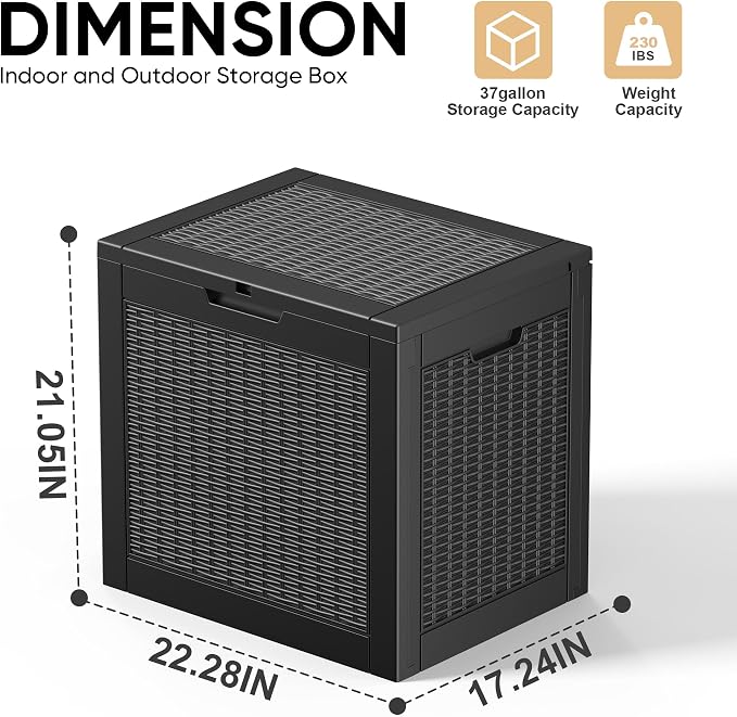 EasyUp 37 Gallon Deck Boxes Outdoor Waterproof, Resin Outside Storage Box for Patio Cushion Furniture Pool Accessories Garden Tools Indoor Outdoor Storage Bench (37 Gallon, Black)