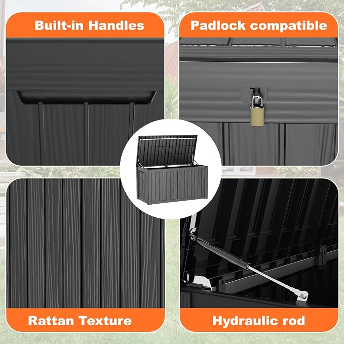 PatioZen 150 Gallon Resin Deck Box, Lockable Patio Outdoor Storage Box for Furniture, Garden Tools and Tools Storage, Waterproof Outside Storage Boxes - Black