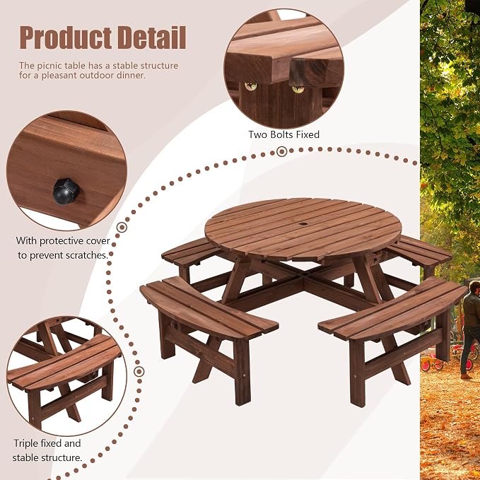 43.3'' Round Outdoor Dining Table Wooden Patio Dining Table & 4 Curved Built-in Bench for 8, 2" Umbrella Hole, Suitable for Backyard Garden Porch, Brown