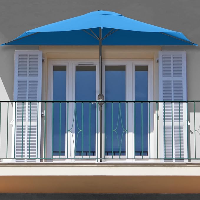 Half Umbrella Outdoor Patio Shade - 9 ft Patio Umbrella with Easy Crank and 20lb Weighted Base - Small Canopy for Balcony, Table, or Deck by Pure Garden (Sky Blue)