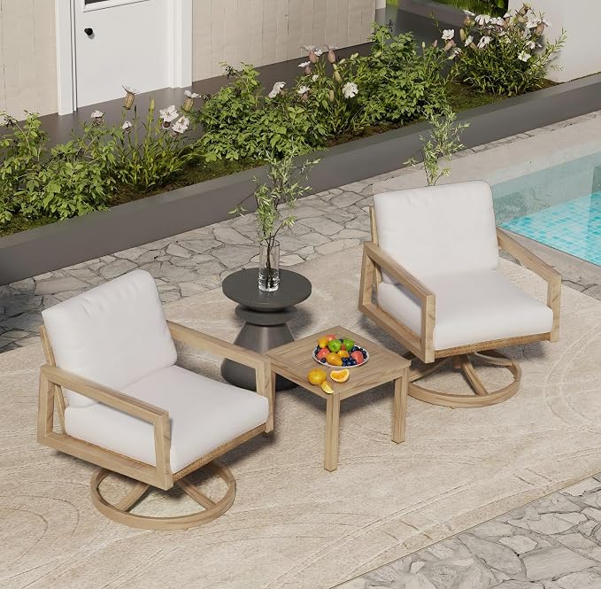 HAPPATIO 3-Piece Patio Swivel Chair - 2 Aluminum Outdoor Bistro Set with Wicker Backrest and Woodgrain-Textured Side Table, Rustic Outdoor Conversation Set with Cushions for Garden Balcony Deck Porch