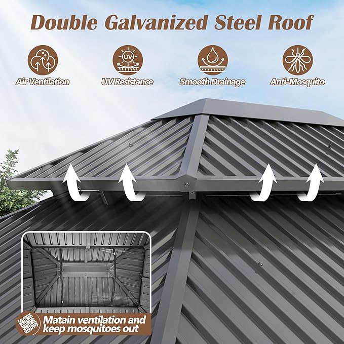 12' x 20' Wood Gazebo, Outdoor Hardtop Gazebo with Wood Posts and Galvanized Steel Doule Roof, Wooden Frame Gazebos with Netting and Curtains for Patio, Backyard, Dec