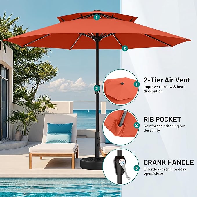 AreShark 12ft 2 Tiers Patio Umbrella - Outdoor Umbrella Waterproof UV Protection, Market Table Umbrella w/ 8 Sturdy Ribs&Crank for Pool, Porch, Garden(Orange)