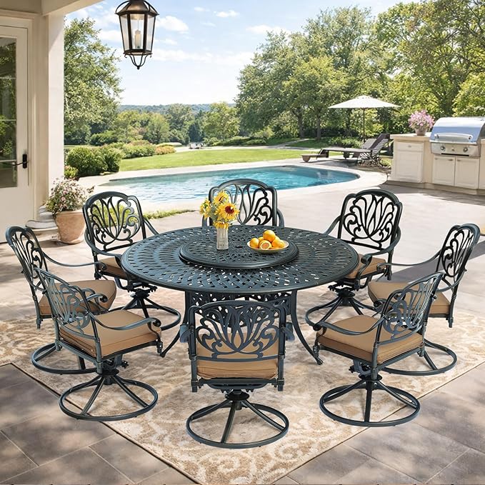VIVIJASON 9-Piece Patio Furniture Dining Set, Rust-Free Cast Aluminum Outdoor Conversation Set, Include 8 Swivel Dining Chairs & 61" Round Dining Table with 31" Lazy Susan, Umbrella Hole, Khaki