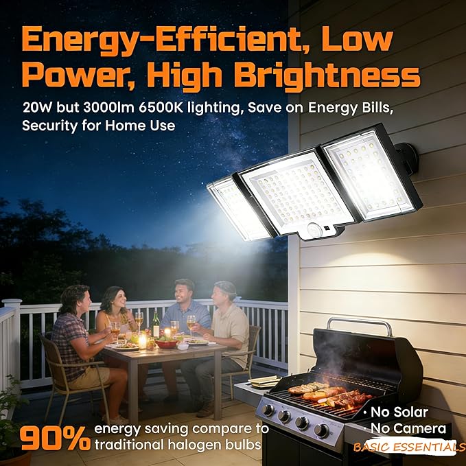CLAONER 20W 3000LM LED Security Motion Sensor Outdoor Floodlights, 6500K Daylight Remote Control, 3 Modes Dusk to Dawn, Waterproof 3 Heads Hardwired Flood Light for Driveway, Garage, Porch(2 Pack)