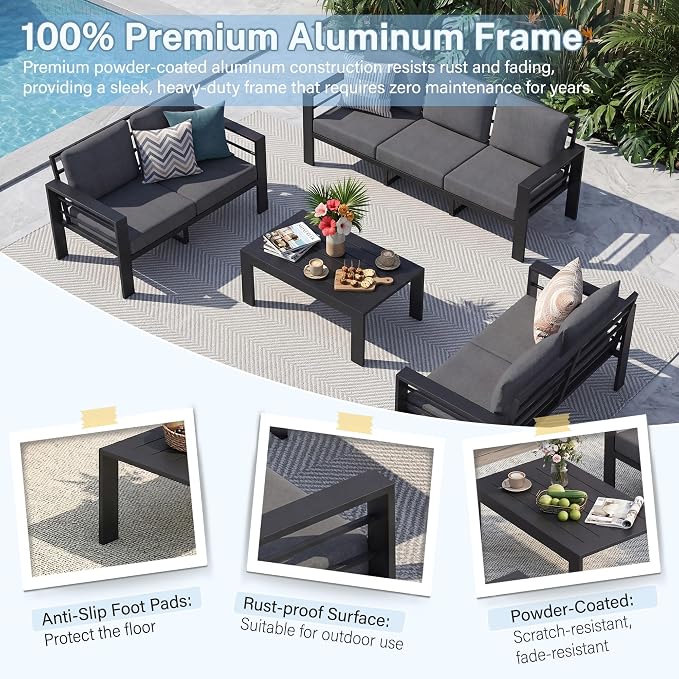 7-Seat Aluminum Patio Furniture Set, 4-Piece Oversized Metal Outdoor Conversation Set with 4" Thick Washable Cushions, Sectional Sofa with Coffee Table for Backyard, Garden, Poolside