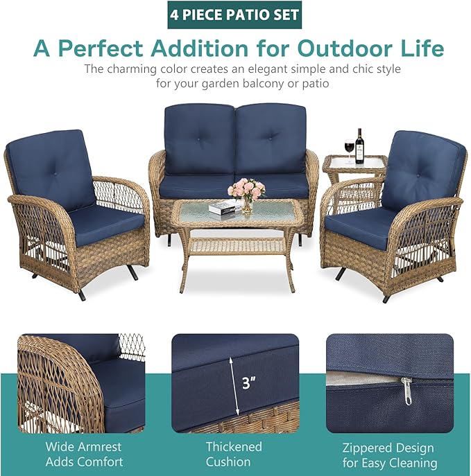 MEETWARM 5 Pieces Outdoor Wicker Patio Conversation Sets with Glider Loveseat, 2 Chairs with 2 Glass-Top Coffee Table Wicker Rocking Glider Set, Wicker Conversation Set w/Thickened Cushions, Navy Blue